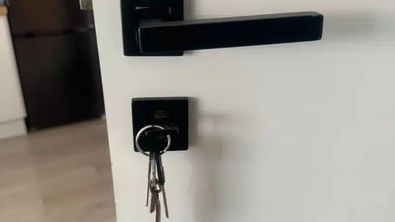 Cerradura con maneta negra instalada en una puerta de Linares